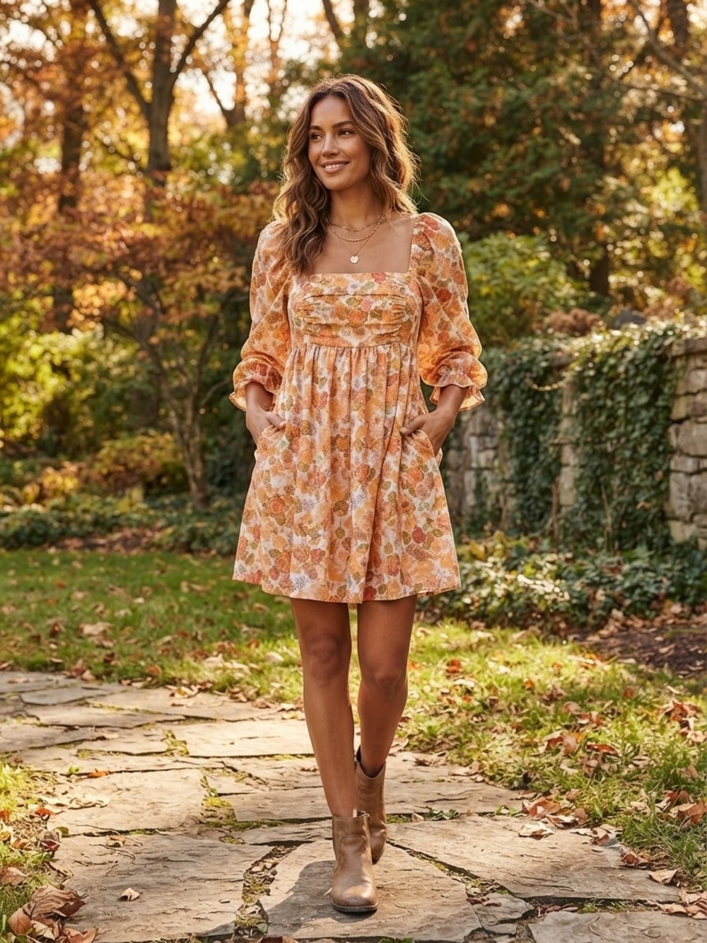 Storia Orange Floral Square-Neck Mini Dress